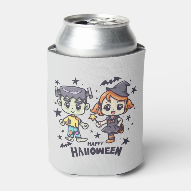 Cute Witch Girl and Mischievous Zombie Boy Can Cooler (Can Front)