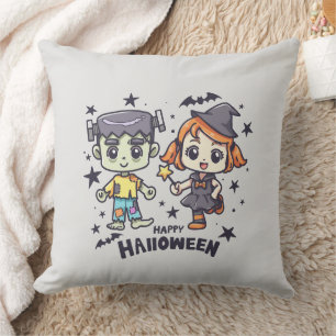 Cute Witch Girl and Mischievous Zombie Boy Cushion