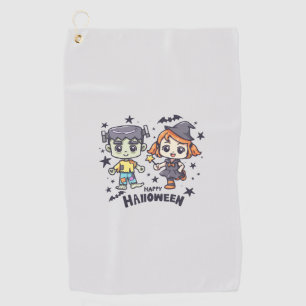 Cute Witch Girl and Mischievous Zombie Boy Golf Towel