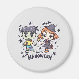 Cute Witch Girl and Mischievous Zombie Boy Magnet