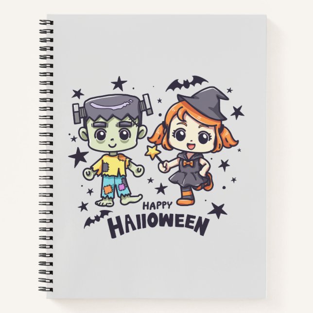 Cute Witch Girl and Mischievous Zombie Boy Notebook (Front)