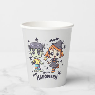 Cute Witch Girl and Mischievous Zombie Boy Paper Cups