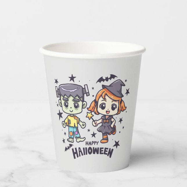 Cute Witch Girl and Mischievous Zombie Boy Paper Cups (Front)