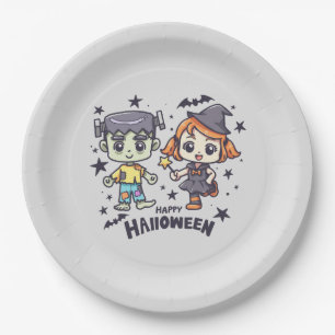 Cute Witch Girl and Mischievous Zombie Boy Paper Plate