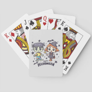Cute Witch Girl and Mischievous Zombie Boy Playing Cards