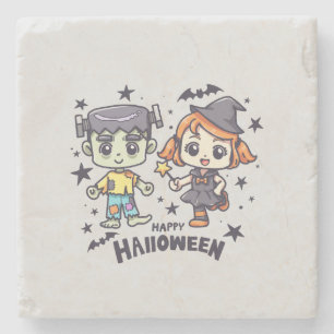 Cute Witch Girl and Mischievous Zombie Boy Stone Coaster