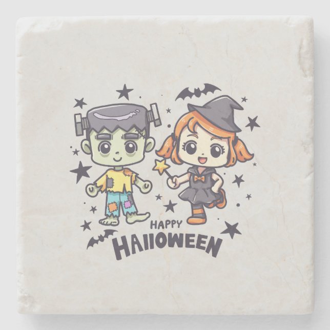 Cute Witch Girl and Mischievous Zombie Boy Stone Coaster (Front)