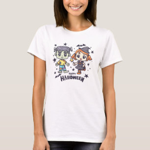 Cute Witch Girl and Mischievous Zombie Boy T-Shirt