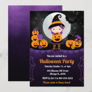 Cute Witch Girl and Pumpkins Halloween Party Invitation