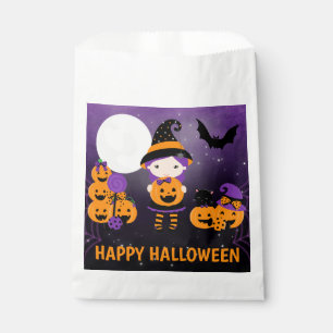 Cute Witch Girl and Pumpkins Happy Halloween Favour Bags