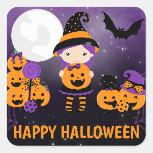 Cute Witch Girl and Pumpkins Happy Halloween Square Sticker