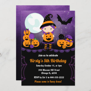 Cute Witch Girl and Pumpkins Kids Birthday Party Invitation