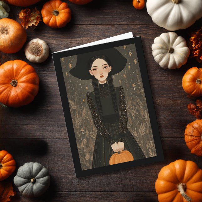 Cute Witch Girl Hat & Pumpkin Kids Halloween Card (Creator Uploaded)