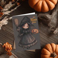 Cute Witch Girl her Broom & Pumpkin Kids Halloween