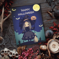 Cute Witch Girl her Broom & Pumpkin Kids Halloween