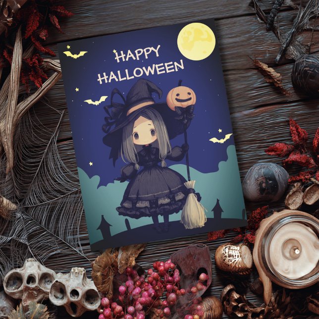 Cute Witch Girl her Broom & Pumpkin Kids Halloween Postcard (Creator Uploaded)