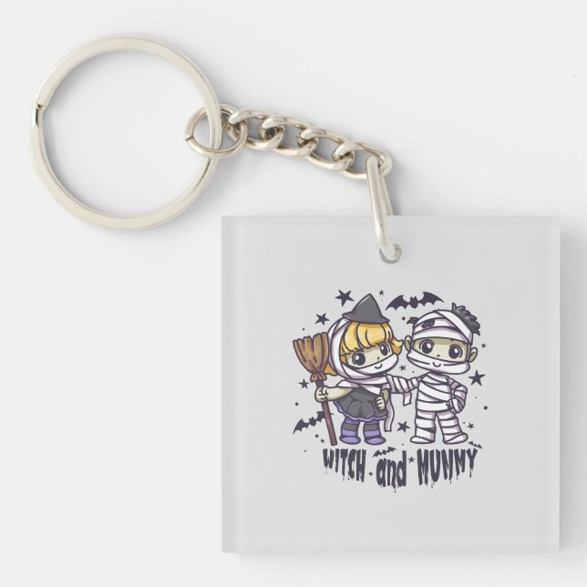 Cute Witch Girl & Mischievous Mummy Boy Key Ring (Front)