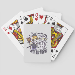 Cute Witch Girl & Mischievous Mummy Boy Playing Cards
