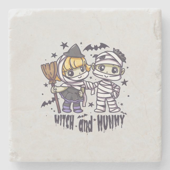 Cute Witch Girl & Mischievous Mummy Boy Stone Coaster (Front)