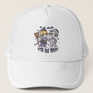 Cute Witch Girl & Mischievous Mummy Boy Trucker Hat