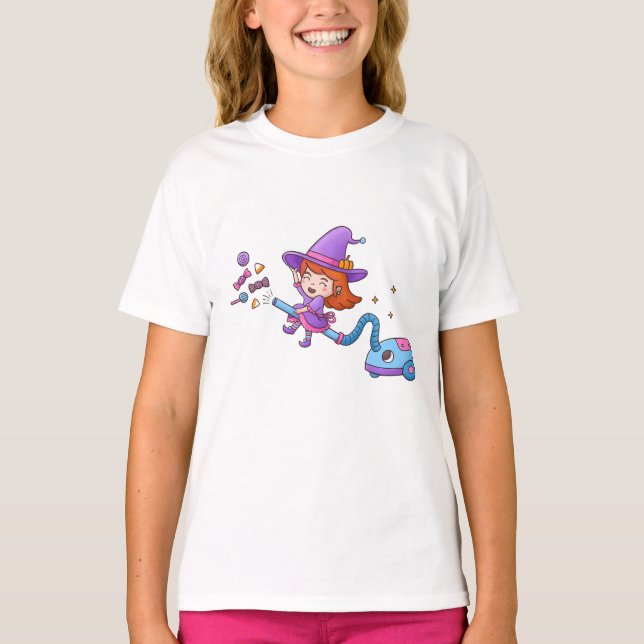 Cute Witch Girl on Vacuum Cleaner Funny Halloween T-Shirt (Front)