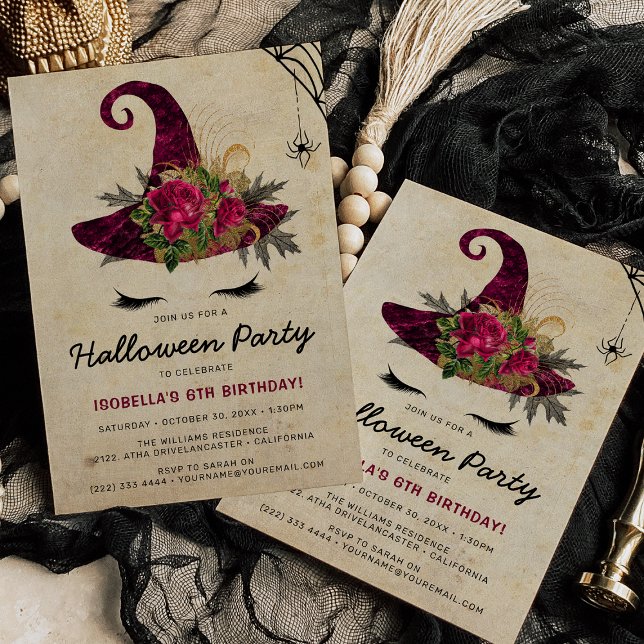 Cute Witch Girls Halloween Kids Burgundy Birthday  Invitation (Creator Uploaded)