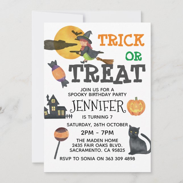 Cute Witch Halloween Birthday Invitation (Front)