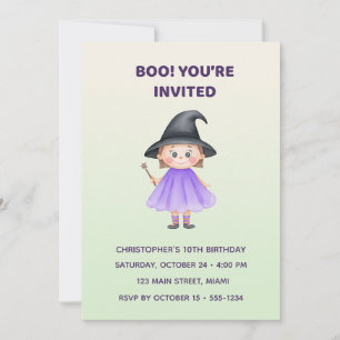 Cute Witch Halloween Birthday Invitation   Kids