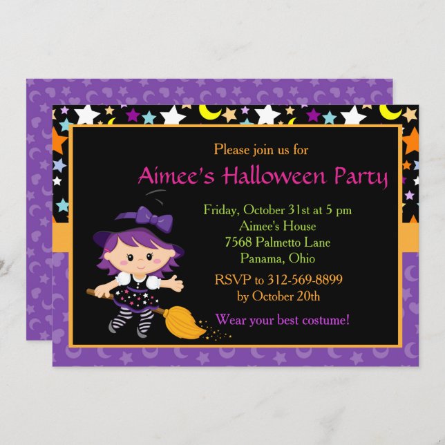Cute Witch Halloween Costume Party Invitation (Front/Back)