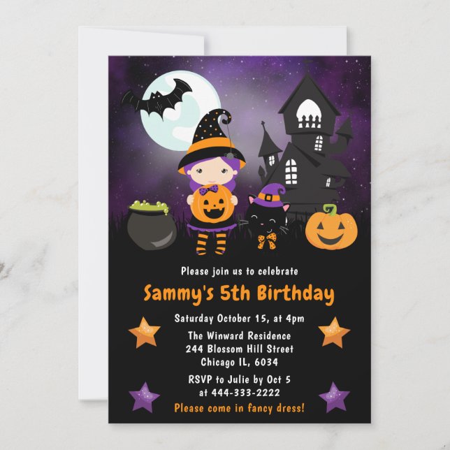 Cute Witch Halloween Scene Birthday Party Invitation (Front)