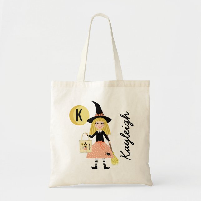 Cute Witch Halloween Treats Monogram Name Tote Bag (Front)