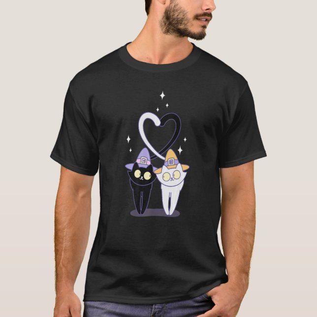 Cute Witch hat cat heart matching couples Hallowee T-Shirt (Front)