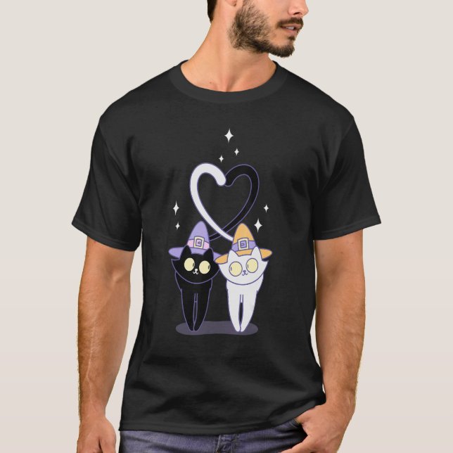 Cute Witch hat cat heart matching couples Hallowee T-Shirt (Front)