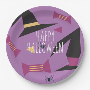 Cute Witch Hat Halloween Party Pattern Purple Paper Plate
