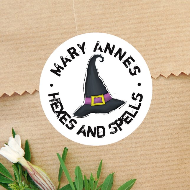 Cute Witch Hat Halloween Personalised Classic Round Sticker (Halloween witch custom sticker. )