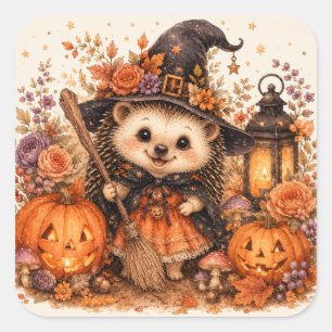 Cute Witch Hedgehog Halloween Broomstick Pumpkins Square Sticker