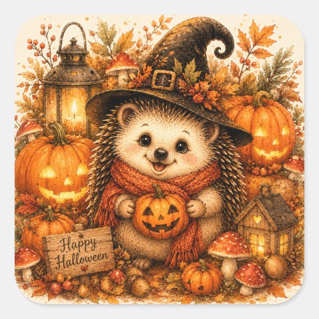 Cute Witch Hedgehog Happy Halloween Pumpkins Square Sticker (Front)