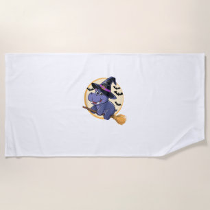 Cute Witch Hippo Moo Deng Halloween Broom Ride Kid Beach Towel