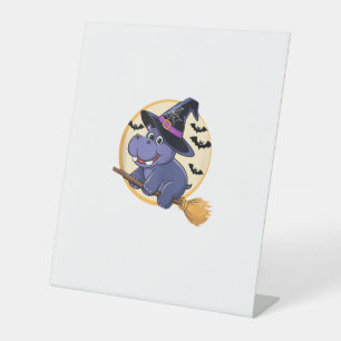 Cute Witch Hippo Moo Deng Halloween Broom Ride Kid Pedestal Sign