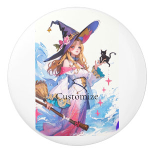 Cute Witch Holding Black Cat Thunder_Cove  Ceramic Knob