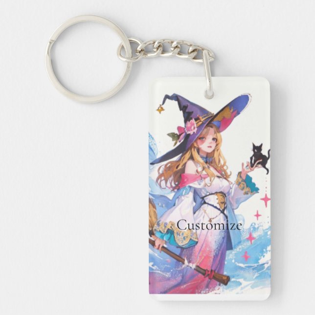 Cute Witch Holding Black Cat Thunder_Cove  Key Ring (Front)