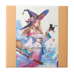 Cute Witch Holding Black Cat Thunder_Cove Tile
