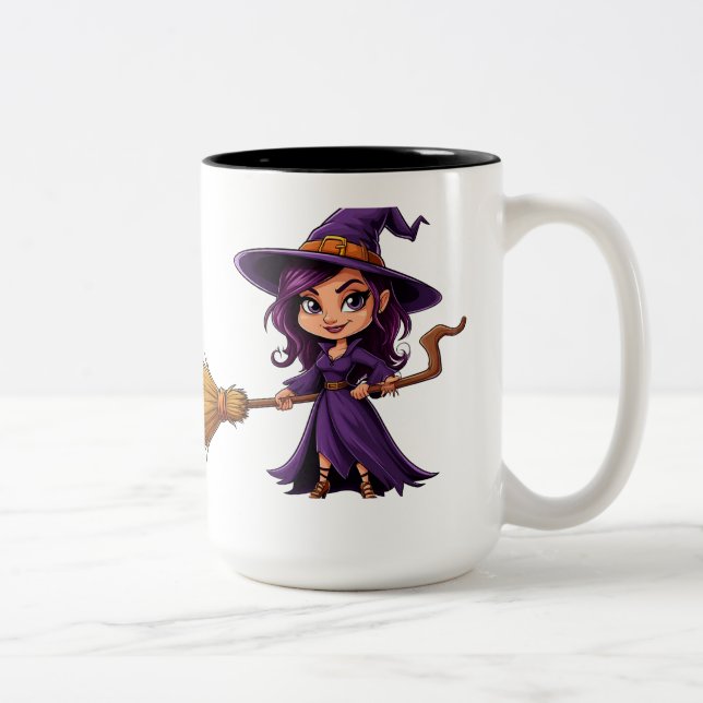 Cute Witch Holding Broom For Halloween Fun 🧹 Two-Tone Coffee Mug (Right)