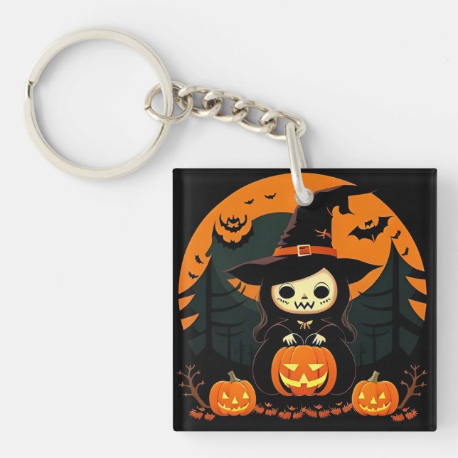 Cute Witch Holding Pumpkin in Spooky Halloween Key Ring (Front)