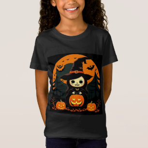 Cute Witch Holding Pumpkin in Spooky Halloween T-Shirt