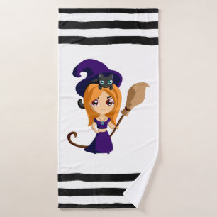 Cute Witch in Purple Hat Halloween Bath Towel Set