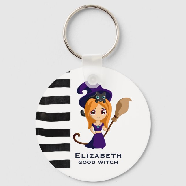 Cute Witch in Purple Hat Halloween Key Ring (Front)