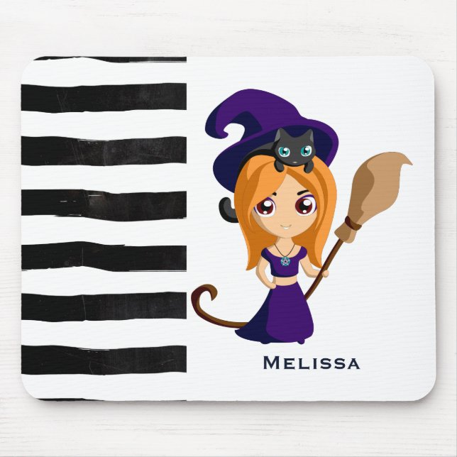 Cute Witch in Purple Hat Halloween Mouse Pad (Front)