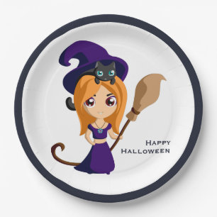 Cute Witch in Purple Hat Halloween Paper Plate