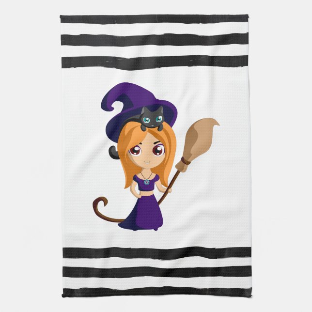 Cute Witch in Purple Hat Halloween Tea Towel (Vertical)